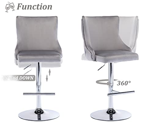 Wahson Velvet Bar Stools Set of 2 Counter Chairs with Backrest Breakfast Bar Stools for Kitchen Island, Swivel Bar Chairs High Stools Height Adjustable, Gray