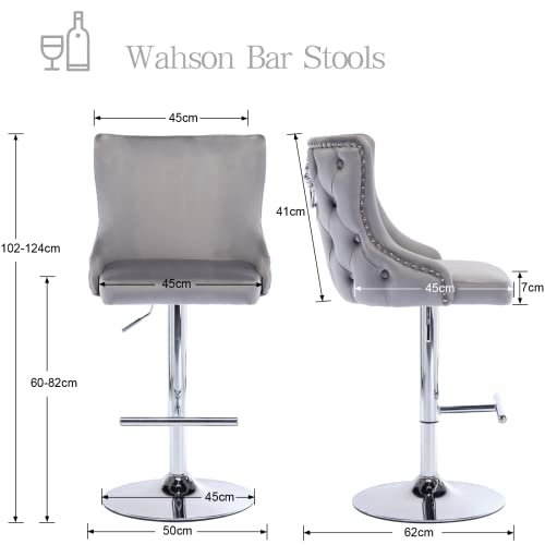 Wahson Velvet Bar Stools Set of 2 Counter Chairs with Backrest Breakfast Bar Stools for Kitchen Island, Swivel Bar Chairs High Stools Height Adjustable, Gray
