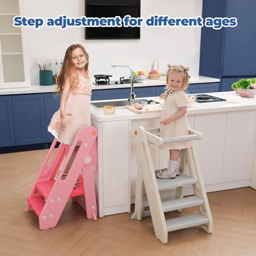 Onasti Toddler Learning Tower, Folding toddler kitchen step stool, standing tower for kitchen counter bathroom, Adjustable Height, Safety bar (Creamy-white)