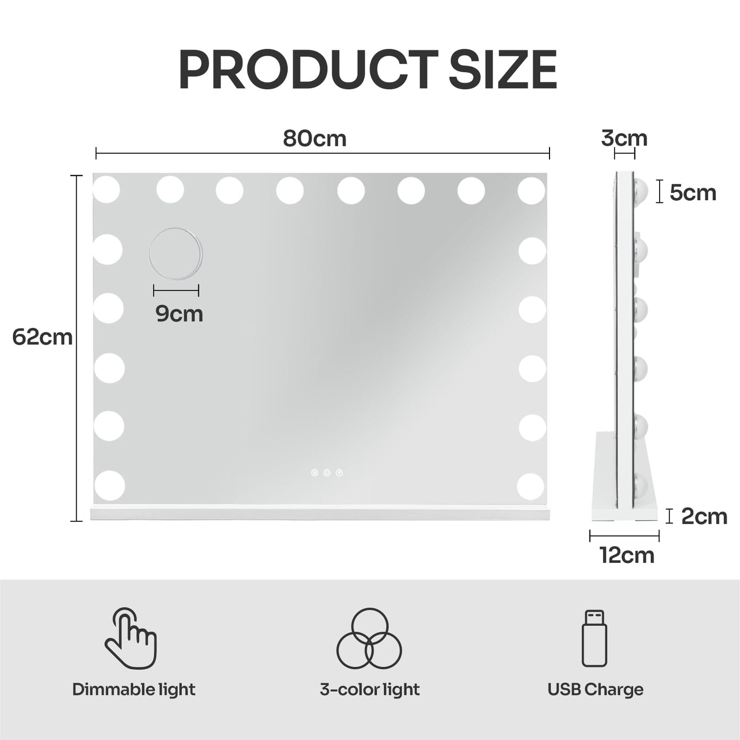 YOURLITE Hollywood Vanity Mirror with Lights, 80×62cm Lighted Makeup Mirror with 18 Dimmable Led Bulbs, 3 Lighting Modes, Touch Screen Control, Tabletop and Wall Mounted for Bedroom