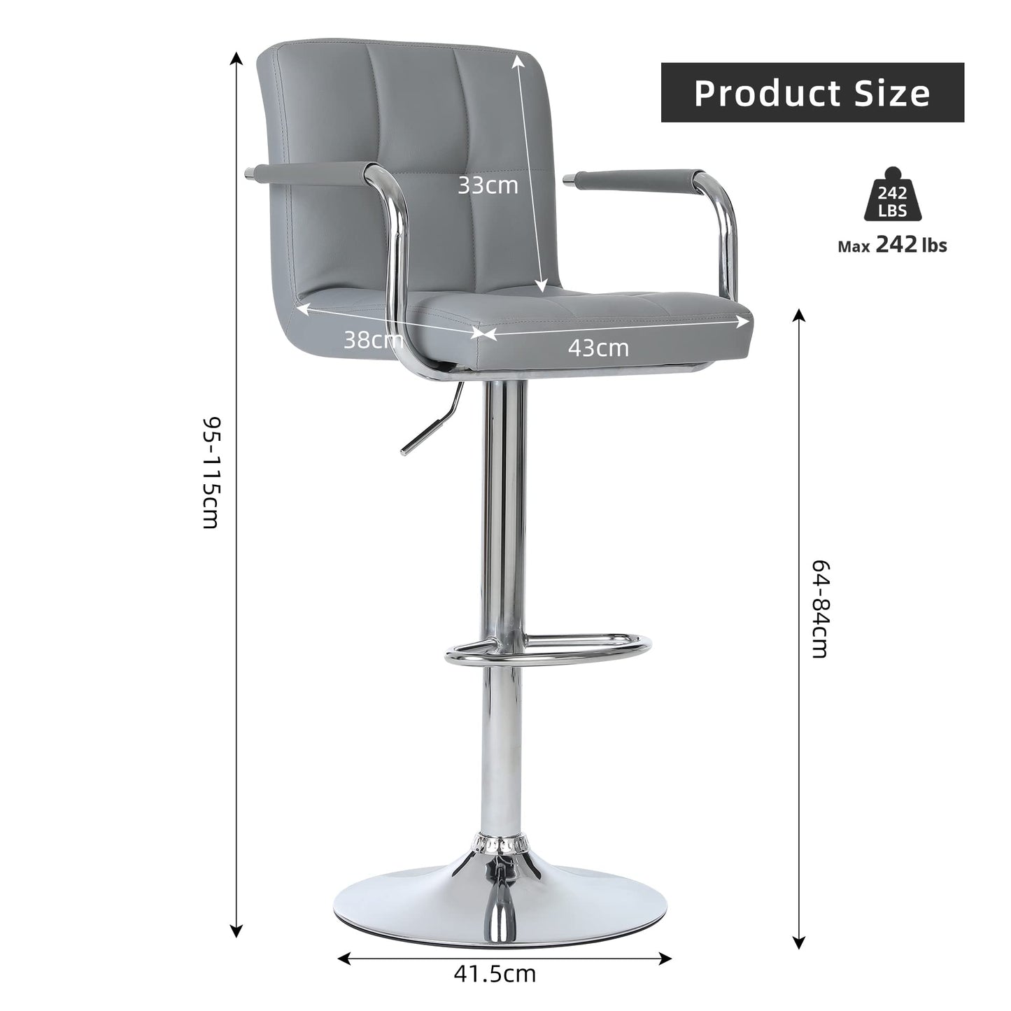 Millhouse Pair of Cuban Bar Stools Set of 2 with Arms Leatherette Exterior, Adjustable Swivel Gas Lift, Chrome Footrest Base for Breakfast Bar DM717 (SilverGrey-)