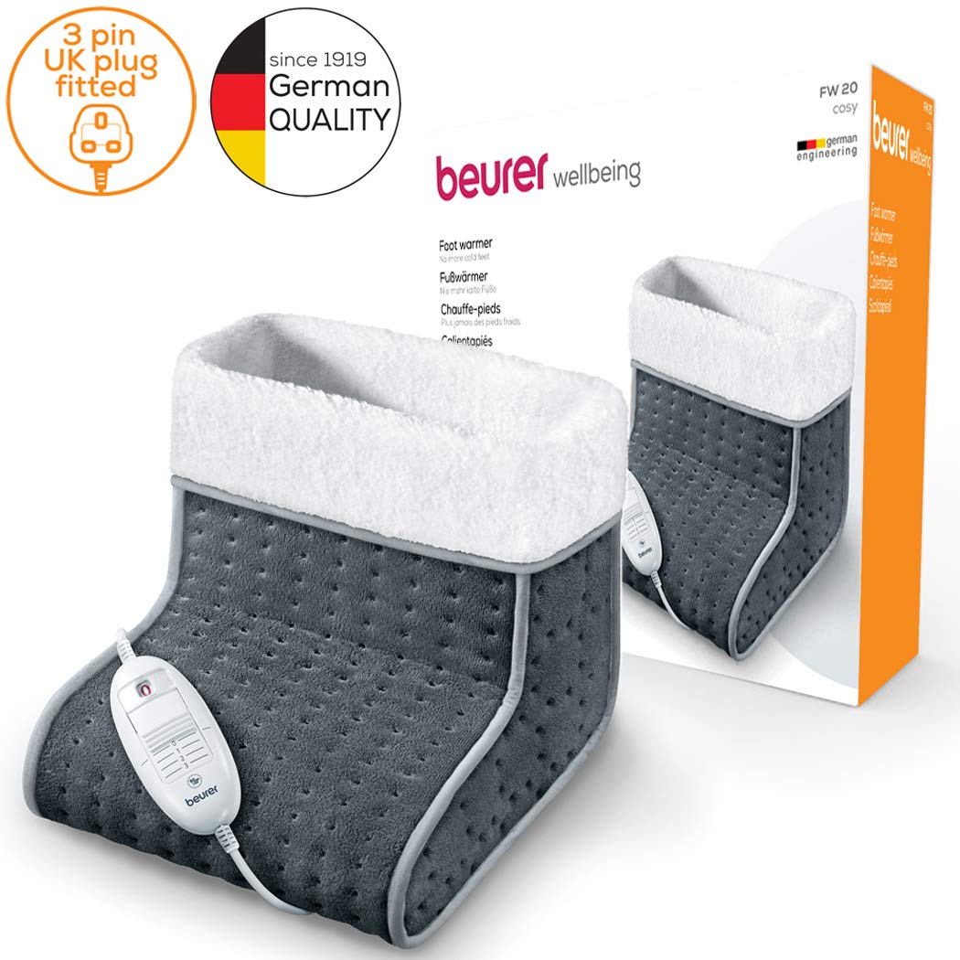 Beurer FW20UK Cosy Foot Warmer - Grey, Electric foot warmer for cold feet, 3 temperature settings, Cosy teddy fleece lining, Soft and breathable, Suitable up to shoe size 12.5, Washable lining