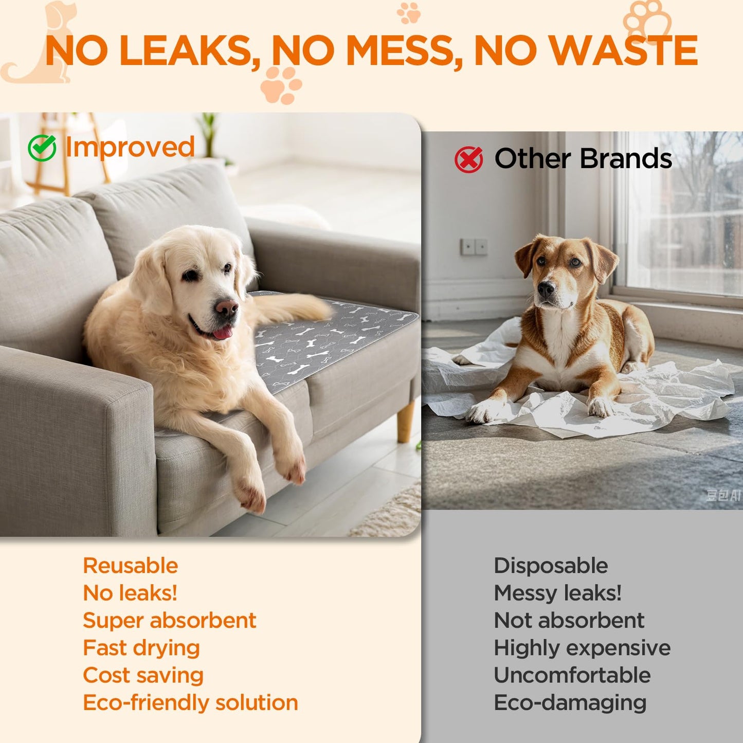 Baodan Reusable Dog Training Pads, 2 Pack Washable Puppy Pads, Super Absorbent Waterproof Dog Mat Pee Pads for Dogs, Fast Drying Training Pads for Home, Car, Travel - 60 x 40 cm