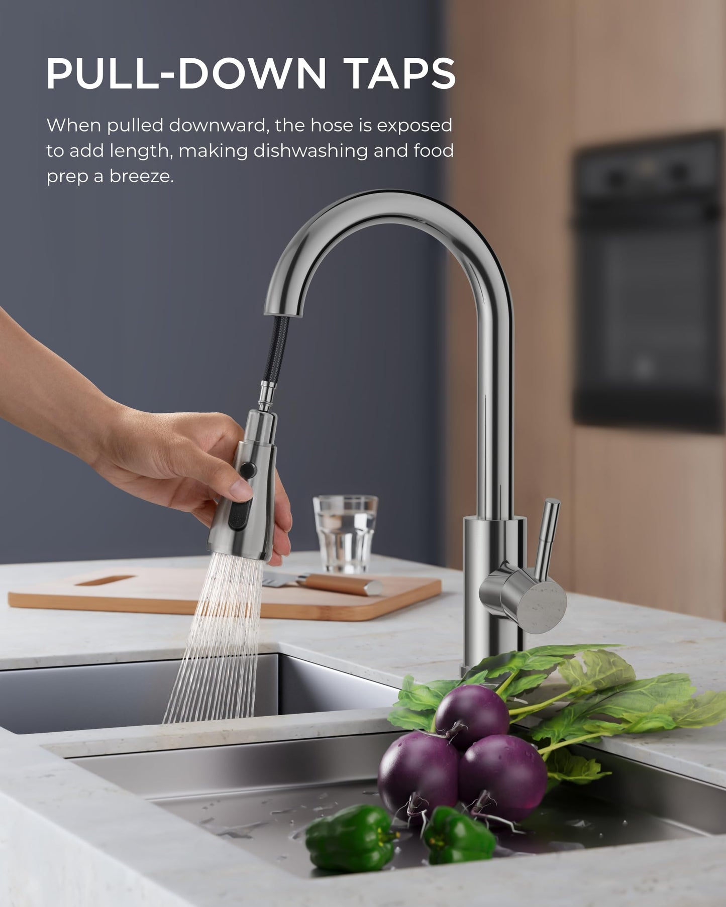 FORIOUS Kitchen Sink Taps Mixer with Pull Out Spray, Swivel Single Handle High Arc Pull Down Stainless Steel Kitchen Faucet, Polished Chrome