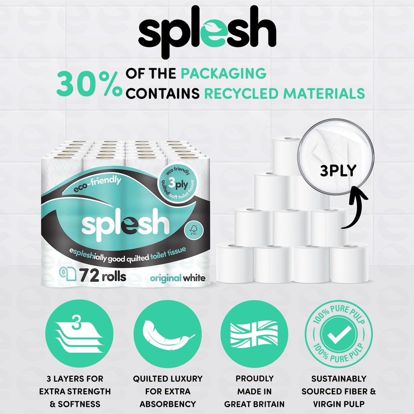 Splesh by Cusheen 3-ply Toilet Roll - Unscented (72 Pack) Soft, Quilted Bulk Toilet Rolls, Eco-Friendly Toilet Paper Sustainably Crafted in The UK