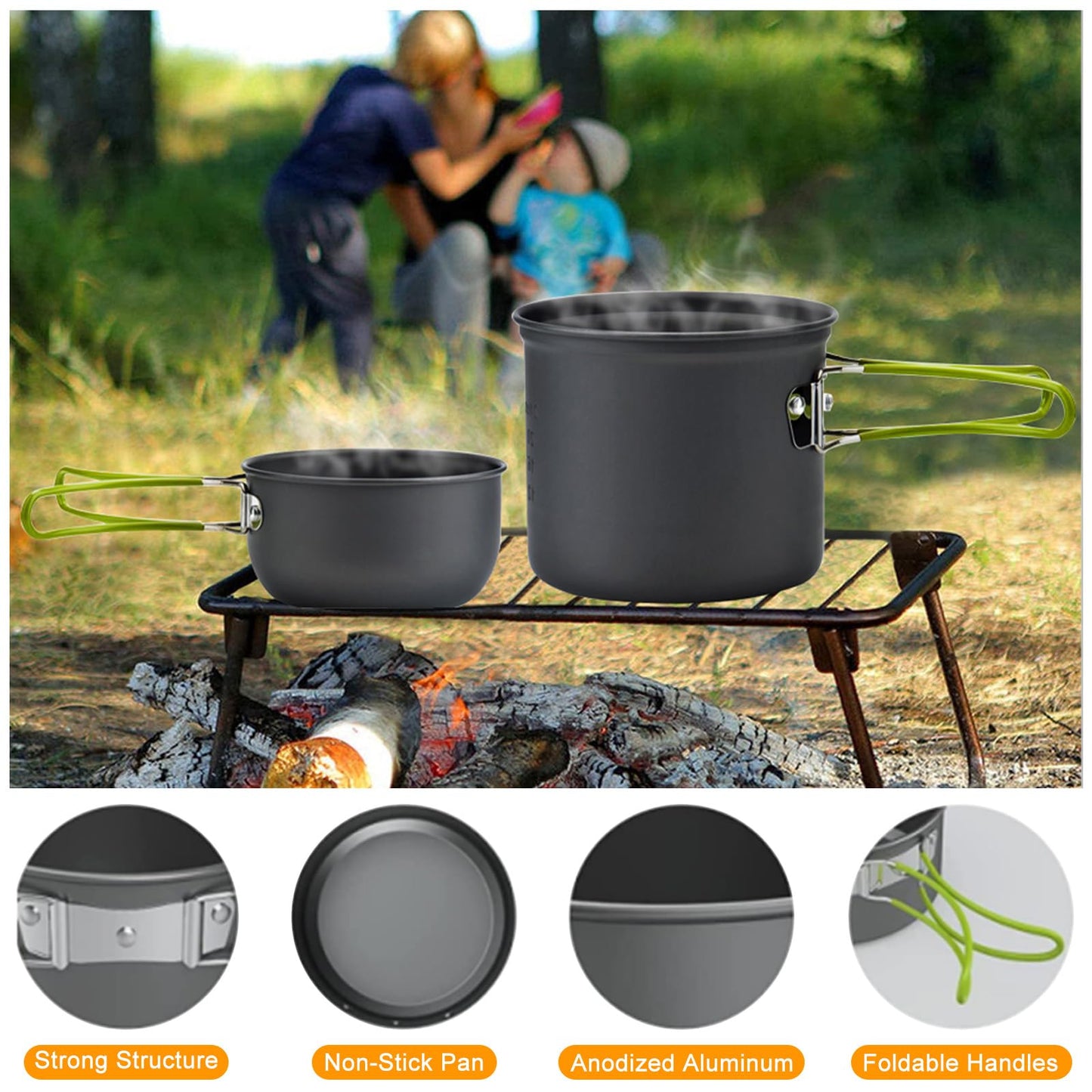 Camping Cookware Mess Kit Backpacking Pot Gear Camping Cooking Pots and Pans Set Camp Kitchen Equipment Accessories Green One Size