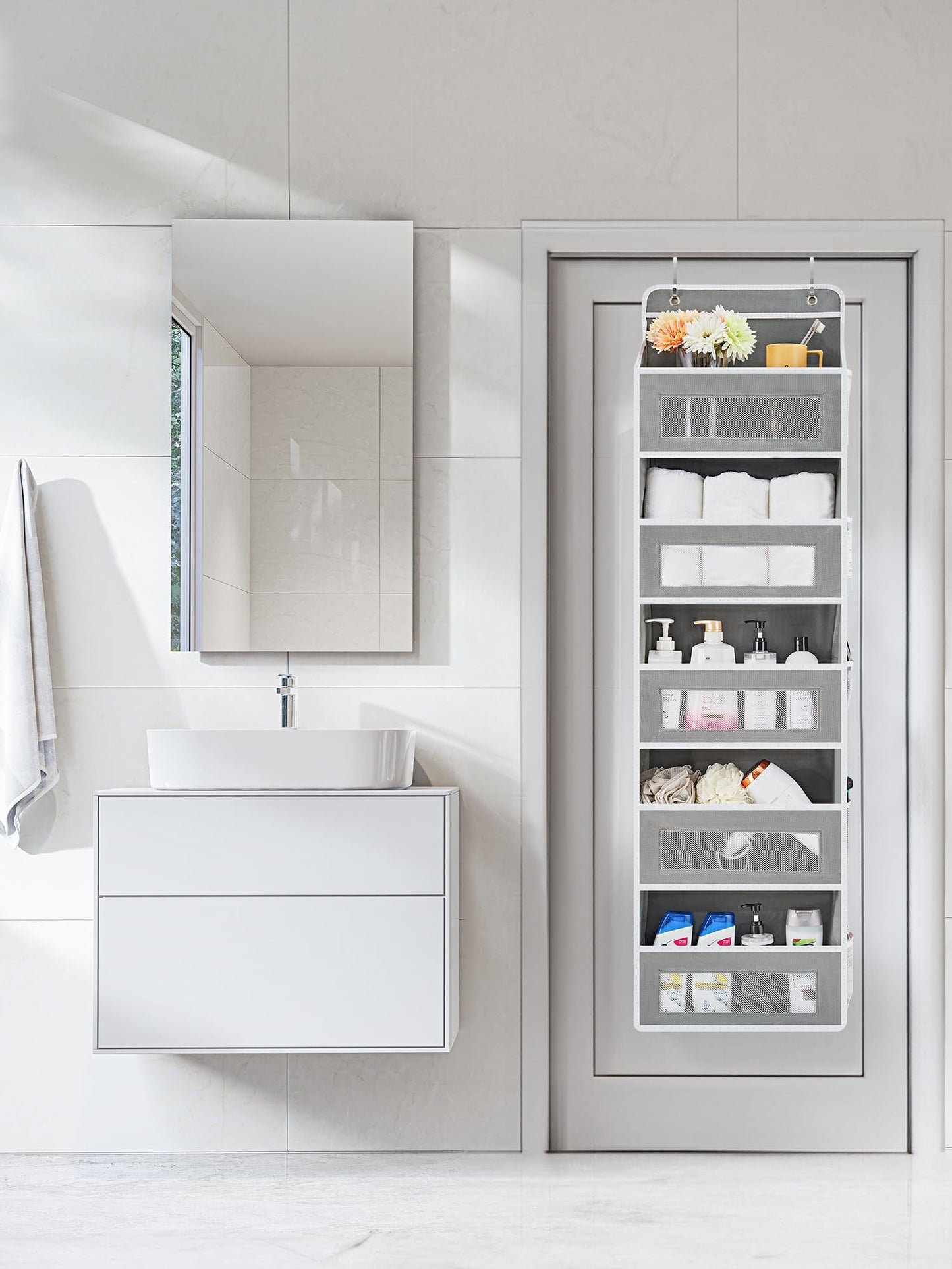 HurLuksi Over The Door Organiser Storage, 5 Shelves Hanging Door Organiser with Capacity Pockets, Anti Tilt 44 lb Load Behind Door Organiser for Bedroom, Bathroom, Pantry, Nursery