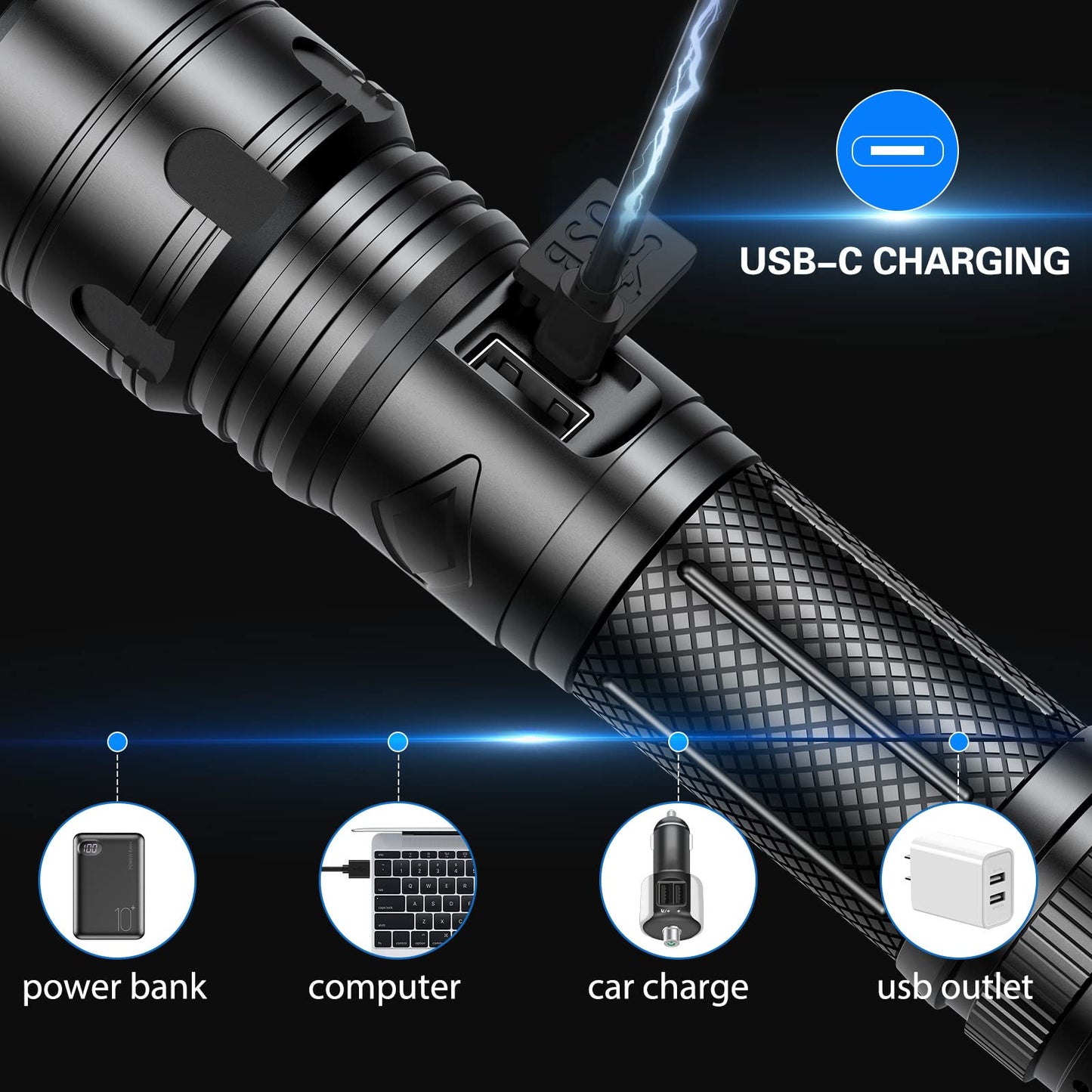 Torches LED Super Bright, Rechargeable P70 450000 Lumens Powerful Military Tactical Flashlight Rechargeable Battery Torch for Dog Walking Hiking