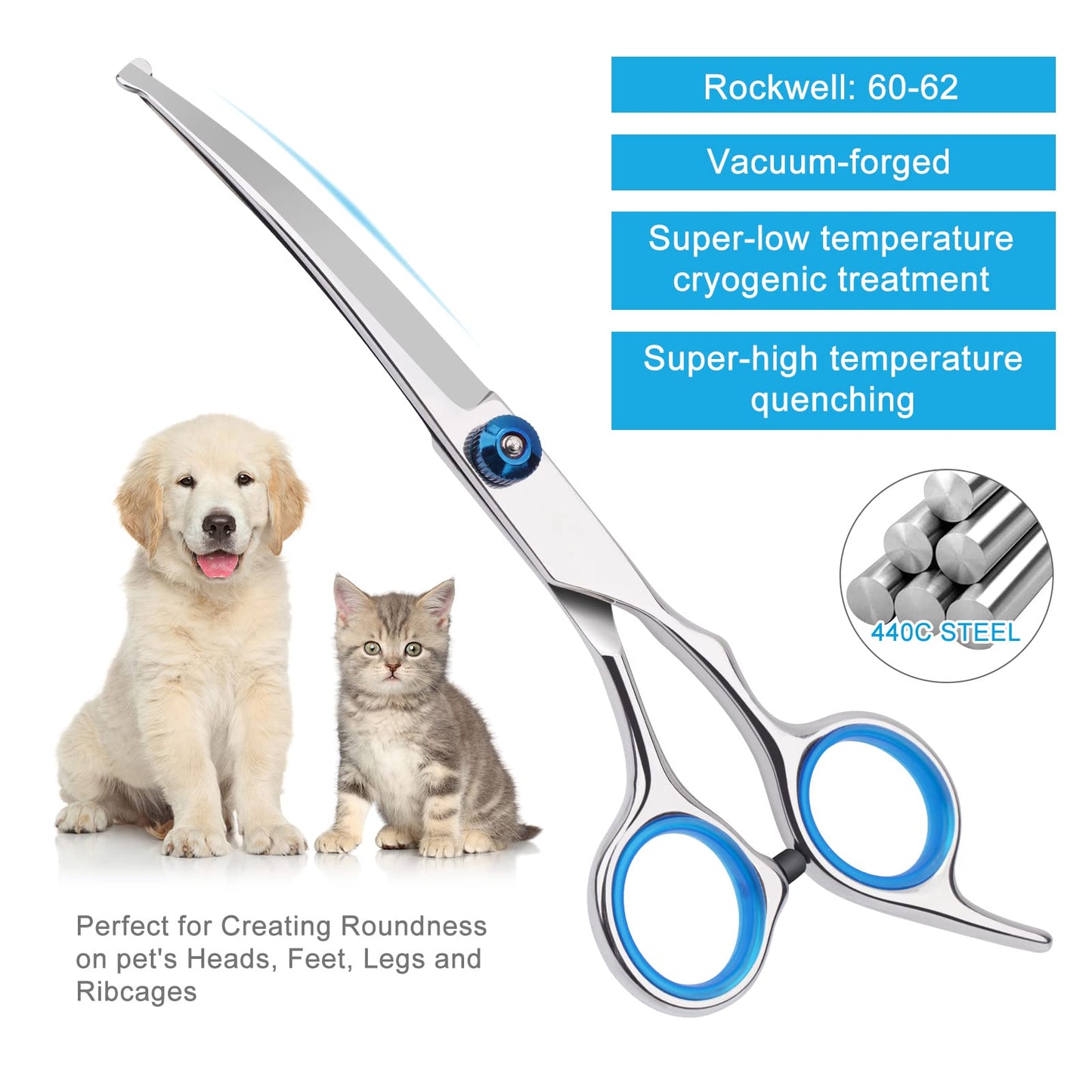 Pet Grooming Scissors with Safety Round Tip, Curved Grooming Shears Scissors, Stainless Steel Pet Grooming Tools (Silver Down Curved Scissor)
