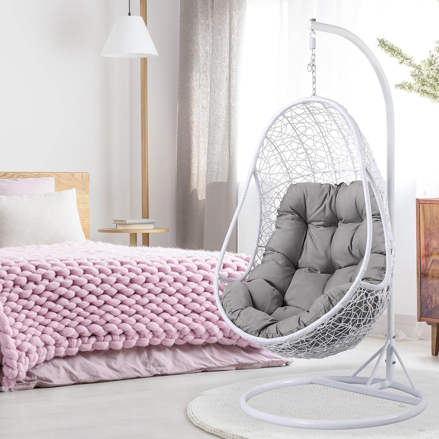 Yaheetech Hammock Chair Rattan Swing Chair, Hammock Chair Garden Swing Chair Patio Hanging Chair Indoor/Outdoor with Soft Cushion Armrest Design White
