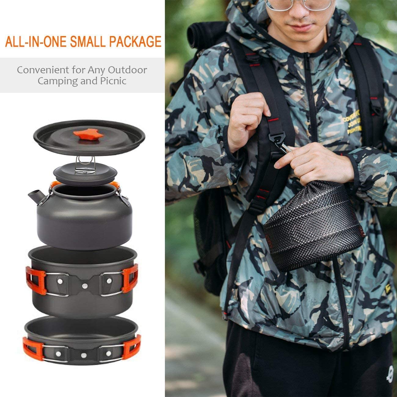 OVERMONT Camping Cookware Set Outdoor Cooking Kettle Mess Kit Pots Pans Ultralight Portable for Backpacking Hiking Picnic Fishing Mountaineering