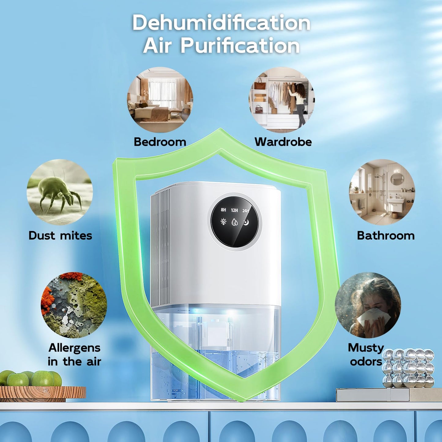 1800ML Dehumidifier, Portable Ultra Quiet Auto Shut Off & Timer Dehumidifiers for Drying Clothes, Bedroom, Bathroom, Wardrobe, Caravan RV Room