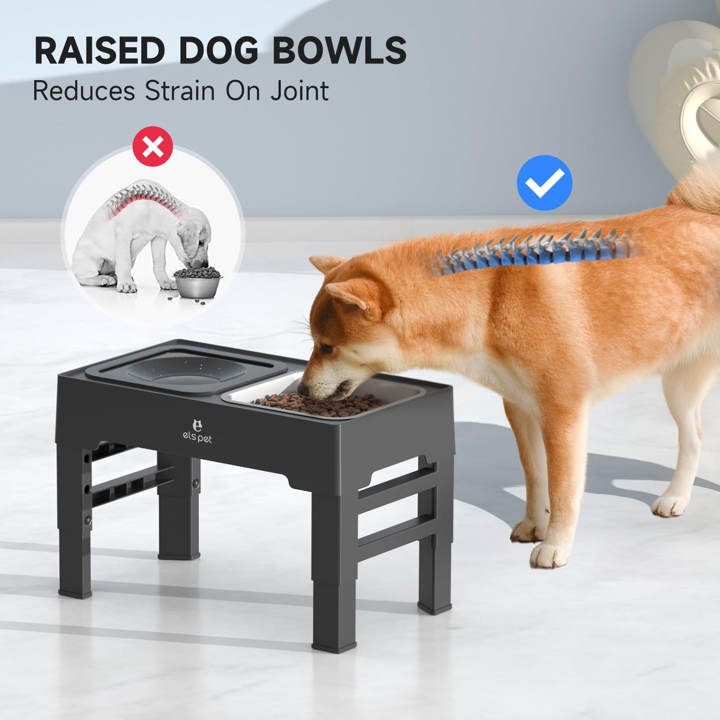 ELS PET Raised Dog Bowl: 2-in-1 Elevated Dog Bowl with Non-Spill Slow Water Bowl and Stainless Steel Dog Food Bowl, 4 Height Adjustable Pet Dispenser with Stand for Small Medium Large Dog Cat