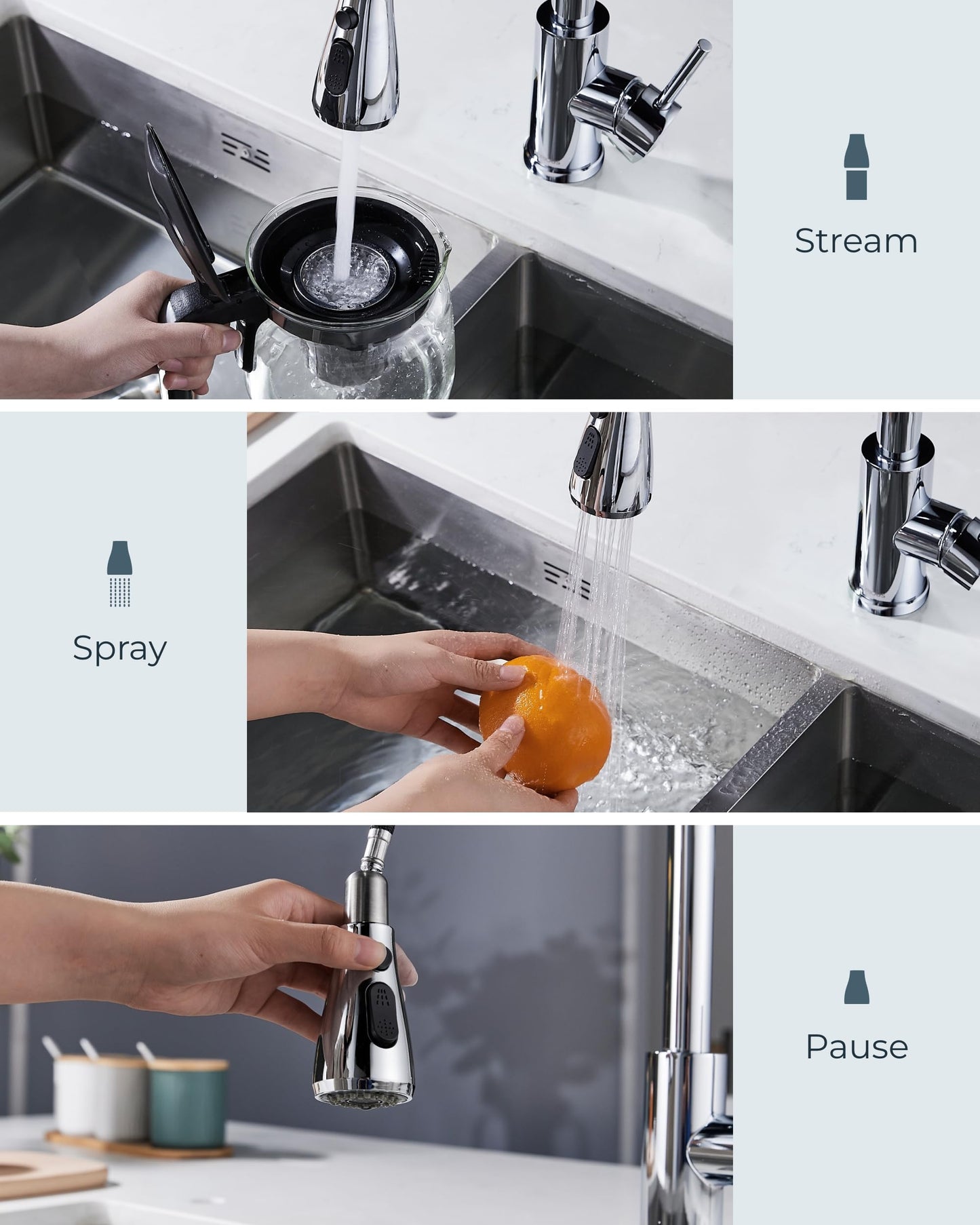 FORIOUS Kitchen Sink Taps Mixer with Pull Out Spray, Swivel Single Handle High Arc Pull Down Stainless Steel Kitchen Faucet, Polished Chrome