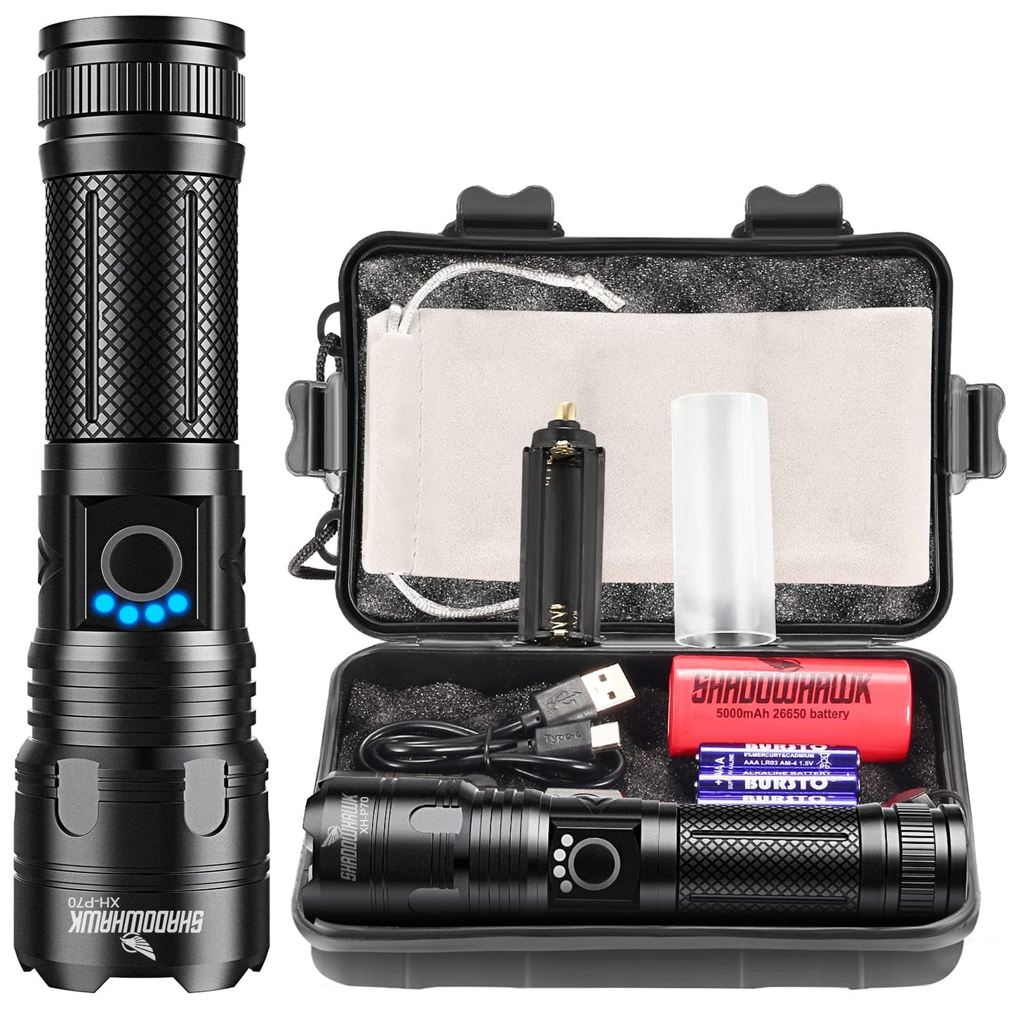 Torches LED Super Bright, Rechargeable P70 450000 Lumens Powerful Military Tactical Flashlight Rechargeable Battery Torch for Dog Walking Hiking