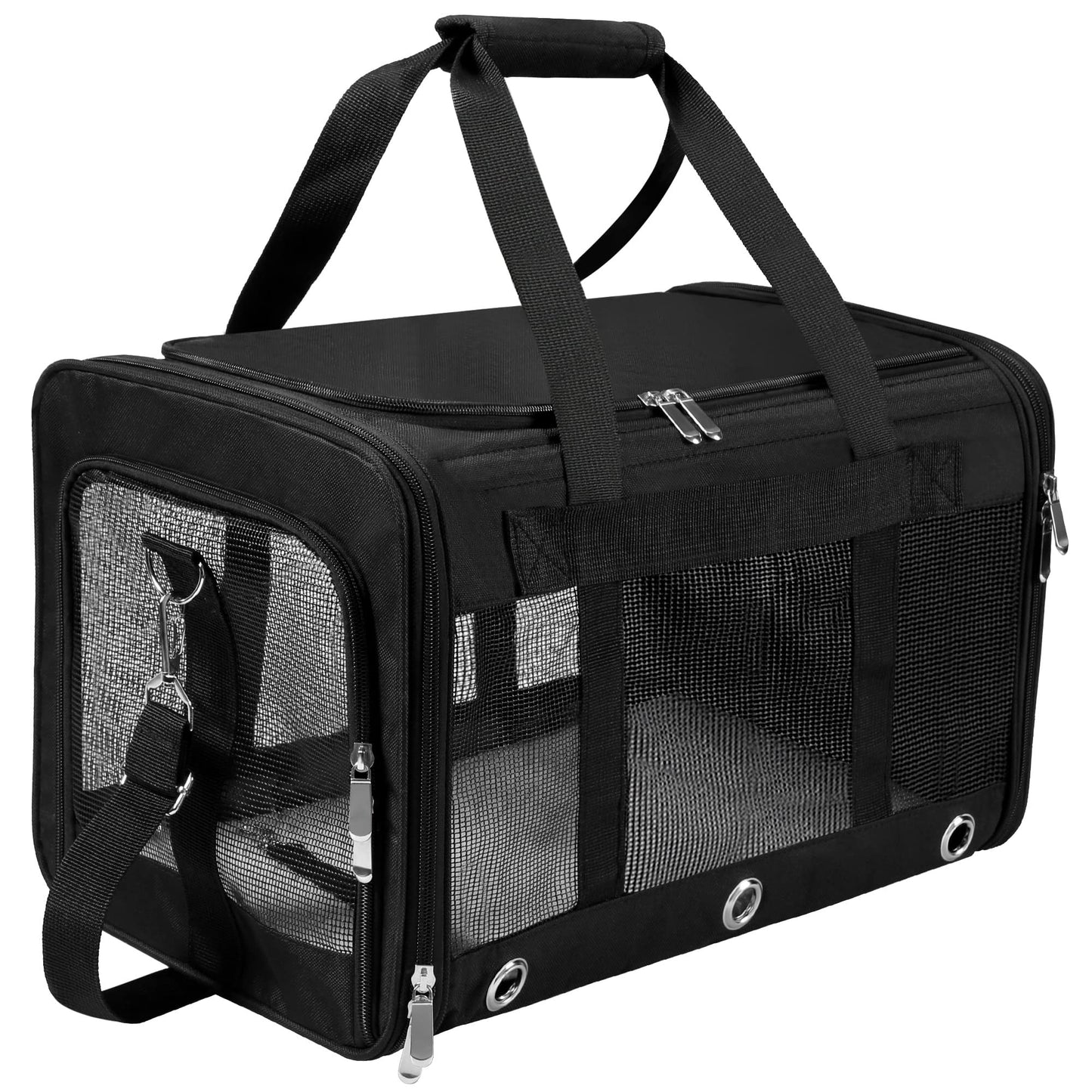 Soft Sided Foldable Pet Carrier Bag, With Shoulder Strap & Removable Mat, Durable Cat Basket of 17 lbs Airline Approved - Black, M