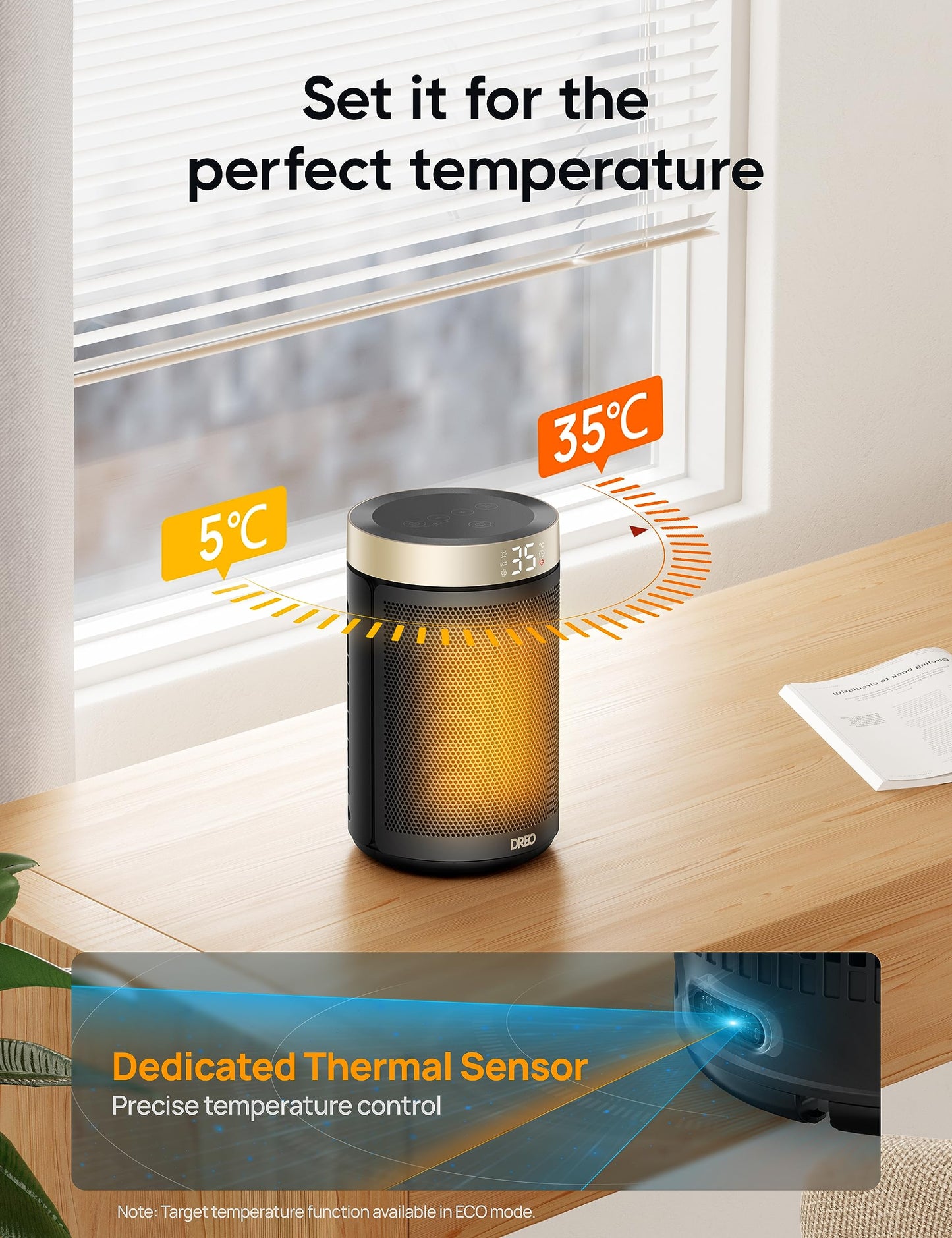 1500W Electric Heater, Energy Efficient Portable Ceramic, Thermostat 3 Modes 12H Timer, Overheat & Tip Over Protection, for Bedroom, Atom 316, Gold