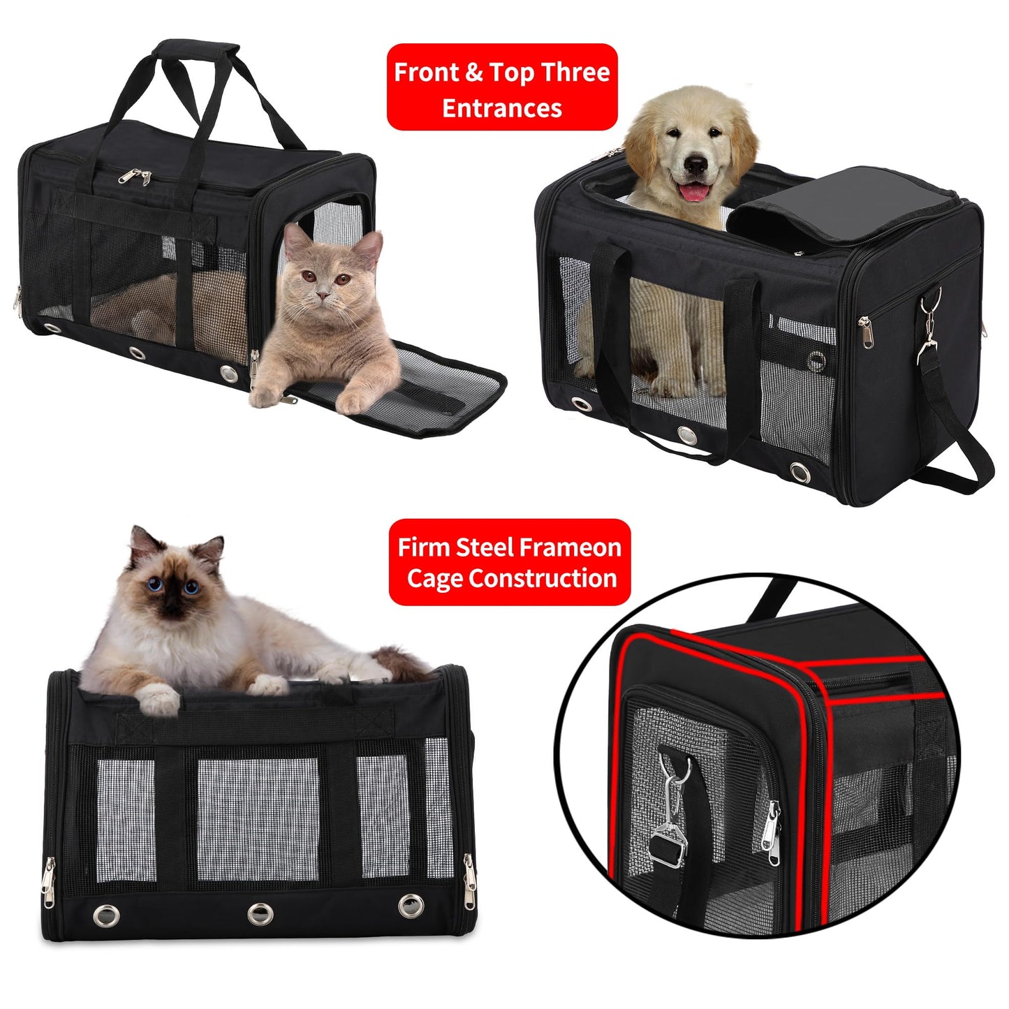 Soft Sided Foldable Pet Carrier Bag, With Shoulder Strap & Removable Mat, Durable Cat Basket of 17 lbs Airline Approved - Black, M