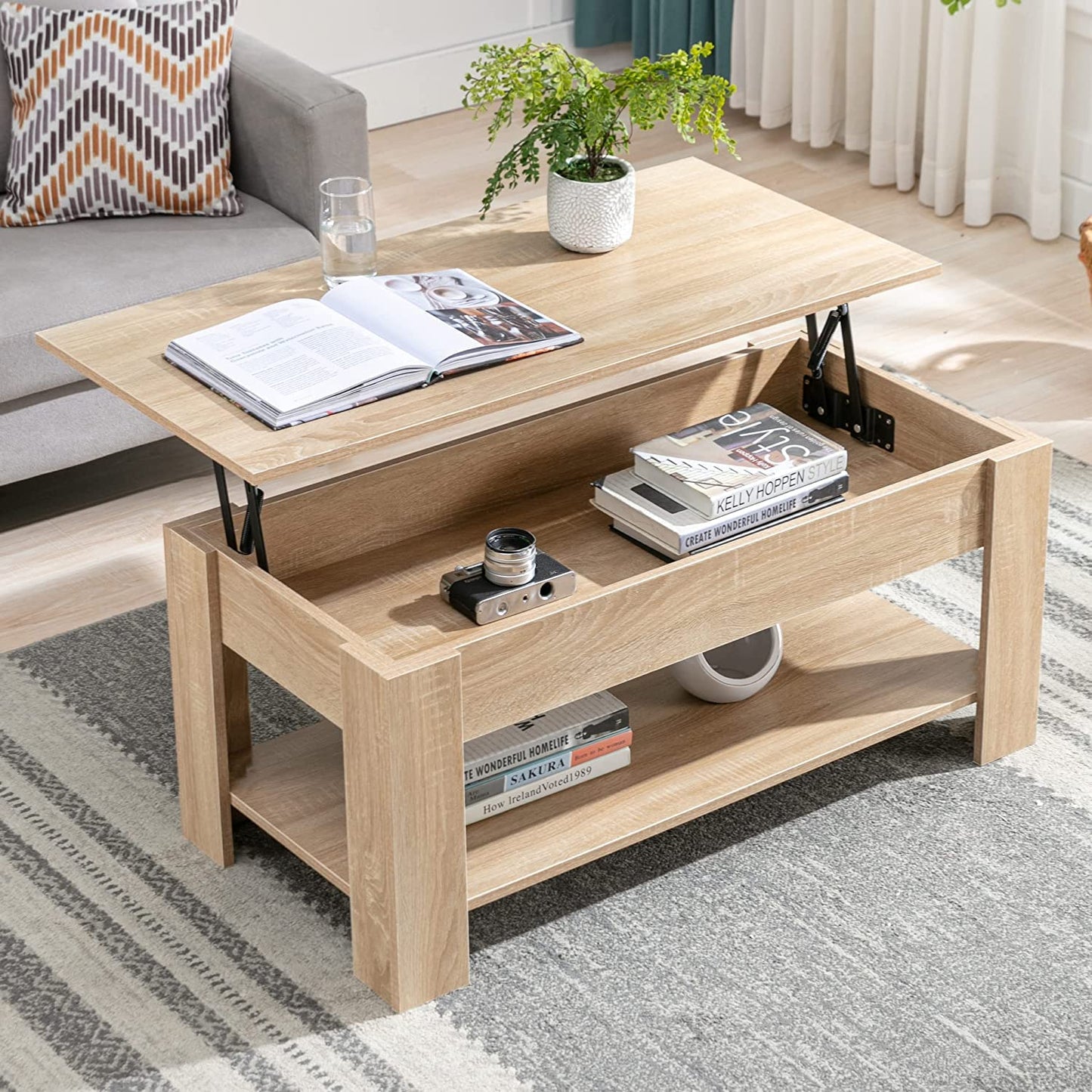 Blisswood Coffee Table With Storage, Lift Up Coffee Tables for Living Room, Wooden Coffee Table With 1 Shelf Large Hidden Storage Modern Rectangular Sofa End Lift-Top Tea Table Furniture (Oak)