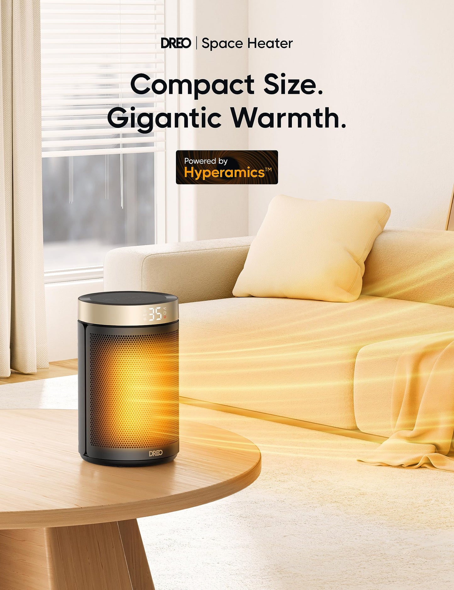 1500W Electric Heater, Energy Efficient Portable Ceramic, Thermostat 3 Modes 12H Timer, Overheat & Tip Over Protection, for Bedroom, Atom 316, Gold