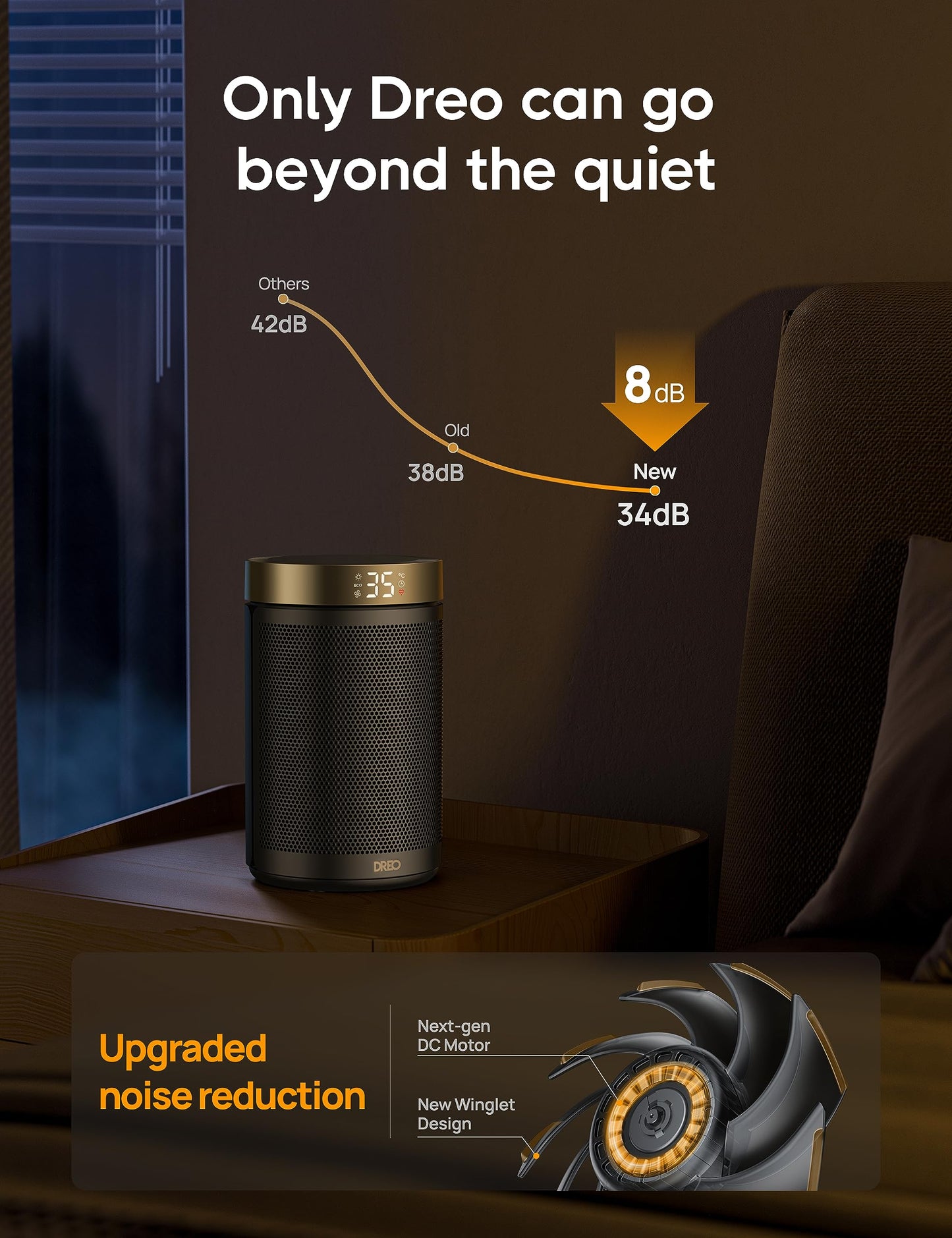 1500W Electric Heater, Energy Efficient Portable Ceramic, Thermostat 3 Modes 12H Timer, Overheat & Tip Over Protection, for Bedroom, Atom 316, Gold