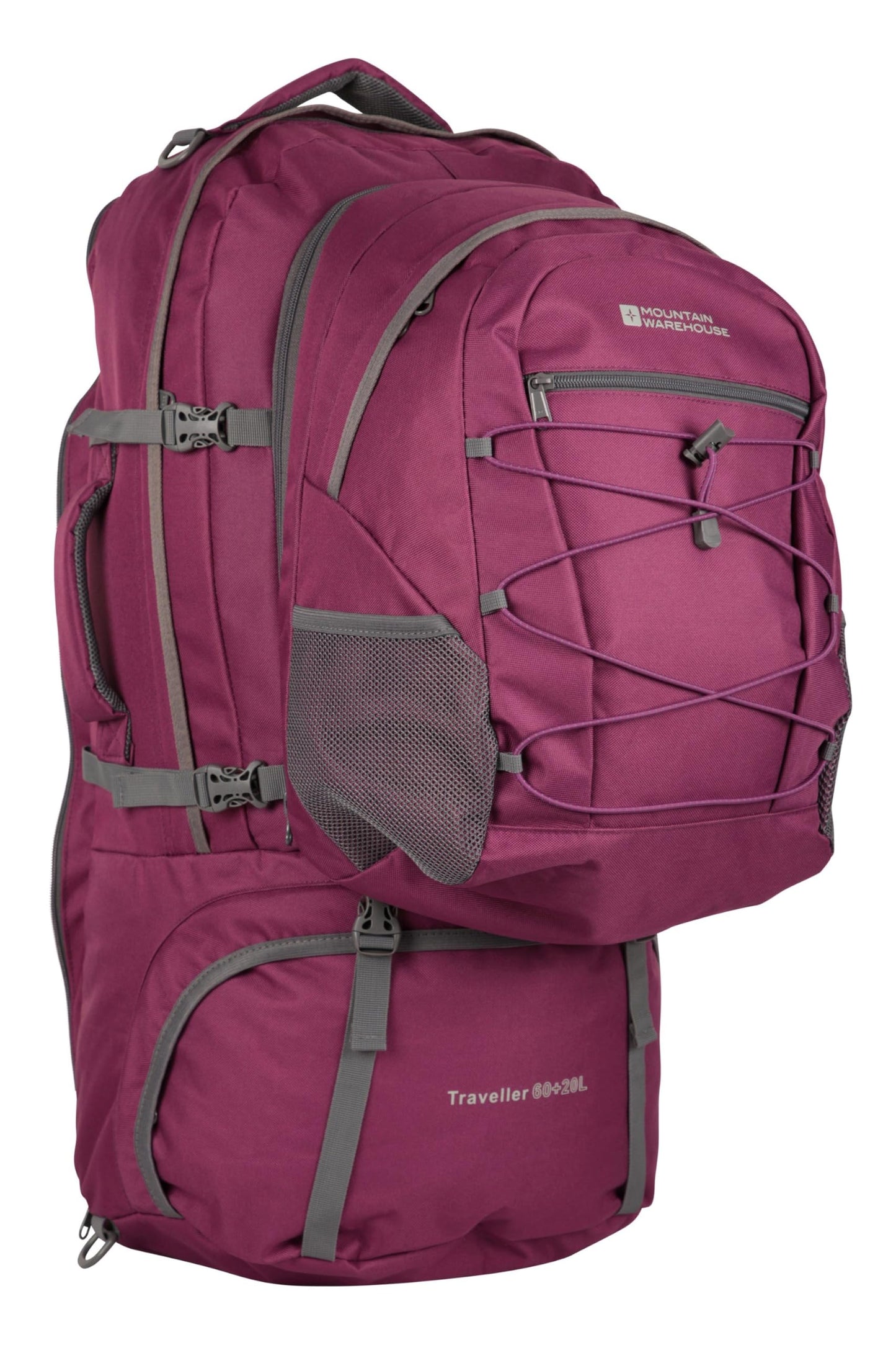 Mountain Warehouse Purple Traveller 60 + 20L Rucksack - with Rain Cover, Detachable Daypack, Adjustable Back Support - Great for Camping, Hiking