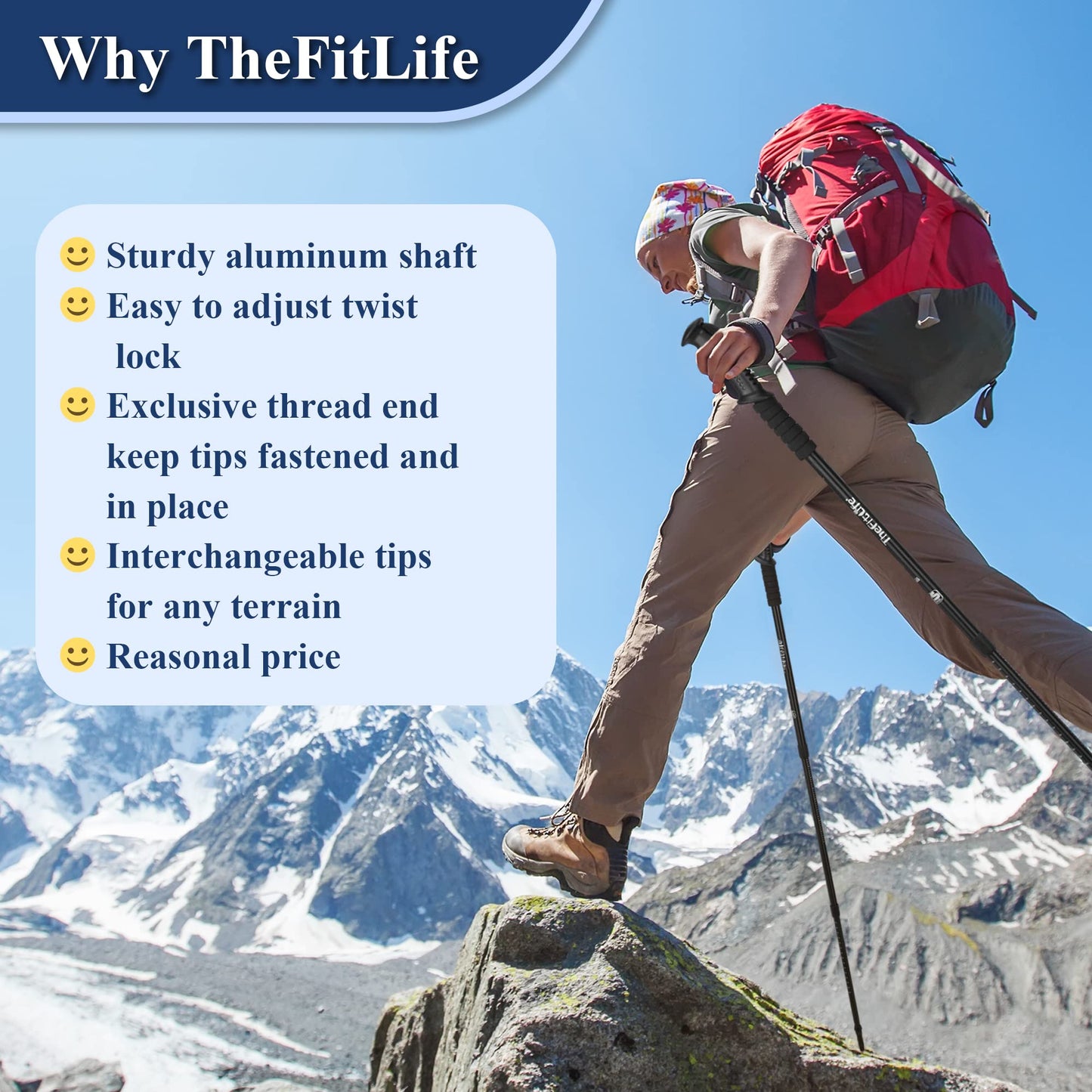 Hiking Walking Trekking Poles - 2 Pack With Antishock And Quick Lock System, Telescopic, Collapsible, Ultralight For Hiking, Camping