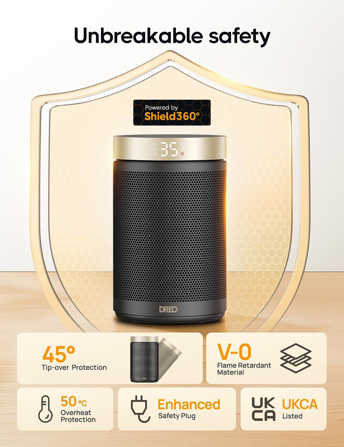1500W Electric Heater, Energy Efficient Portable Ceramic, Thermostat 3 Modes 12H Timer, Overheat & Tip Over Protection, for Bedroom, Atom 316, Gold