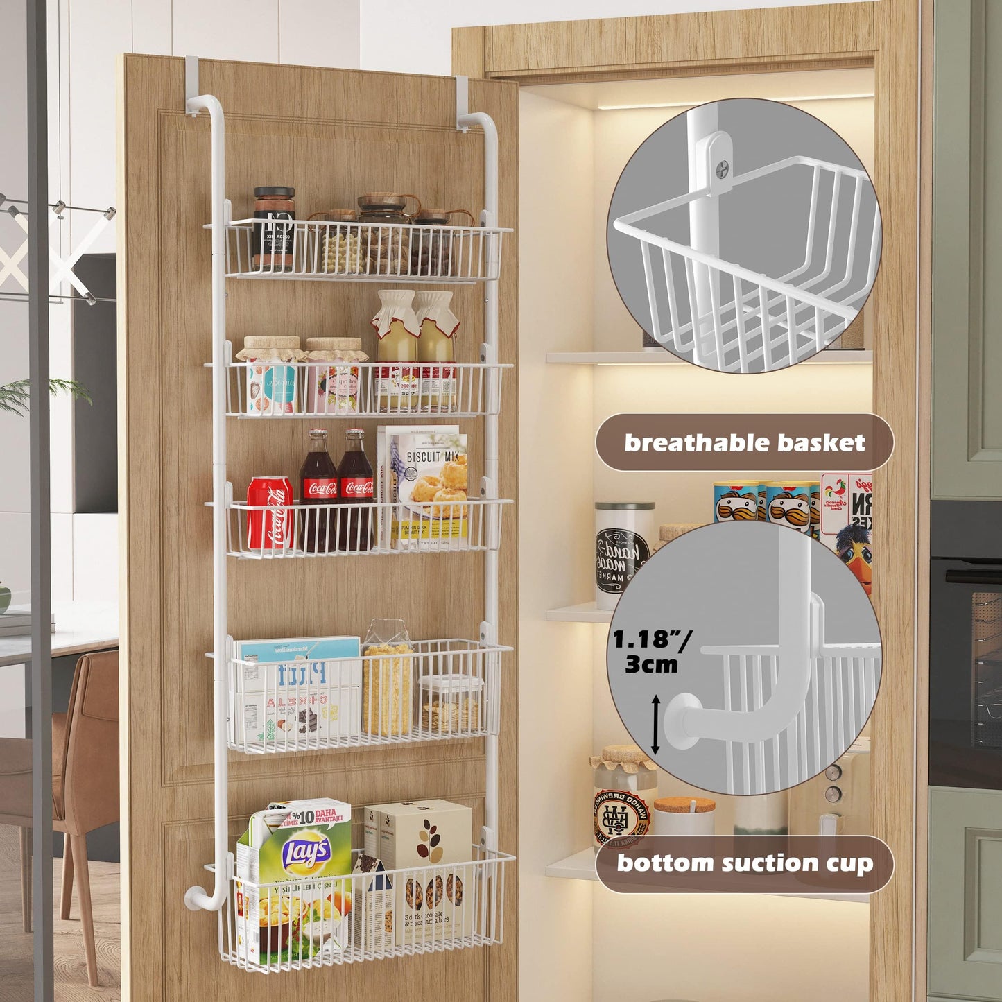 5-Tier over door spice rack, hanging door storage, Pantry Organizer Metal Hanging Kitchen Spice Rack Can Organizer(white)