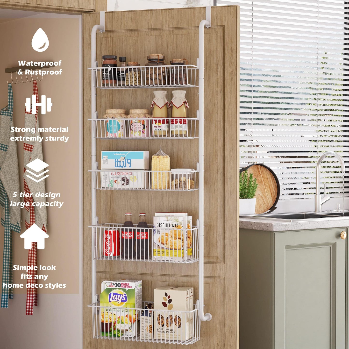 5-Tier over door spice rack, hanging door storage, Pantry Organizer Metal Hanging Kitchen Spice Rack Can Organizer(white)