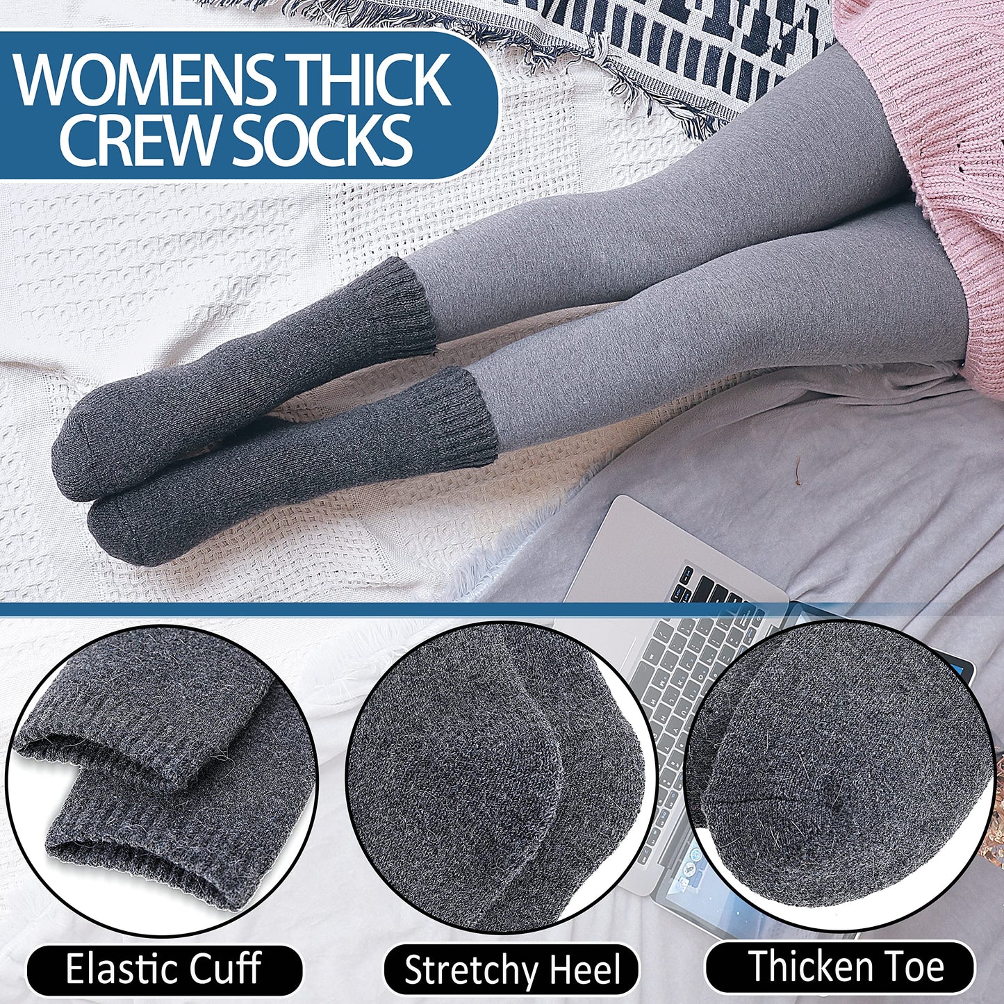 Womens Merino Wool Thermal Thick Warm Winter Walking Work Hiking Socks, 5 Pairs(Mix Colour)