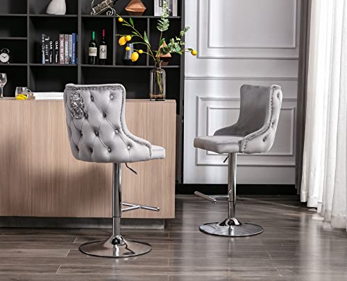 Wahson Velvet Bar Stools Set of 2 Counter Chairs with Backrest Breakfast Bar Stools for Kitchen Island, Swivel Bar Chairs High Stools Height Adjustable, Gray