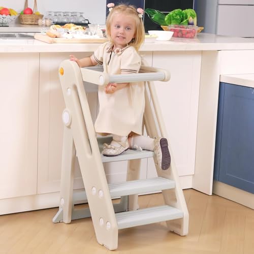 Onasti Toddler Learning Tower, Folding toddler kitchen step stool, standing tower for kitchen counter bathroom, Adjustable Height, Safety bar (Creamy-white)