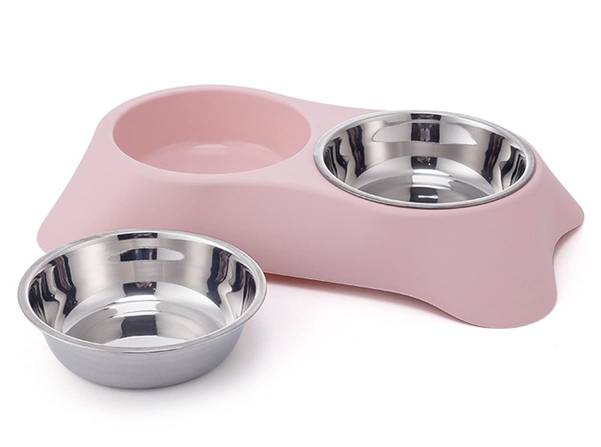 Fuwok Double Dog Bowl,Non Slip Non-spill Stainless Steel Double Bowl with 1 Pet Food Spoop For Small Dogs and Cats (S, Green)