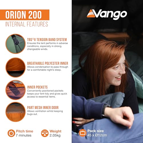 Vango Orion 200 2 Man Tunnel Tent [Amazon Exclusive], 5000mm HH with Alloy Poles, Lightweight, Camping, Climbing, Backpacking, Trekking, Pine