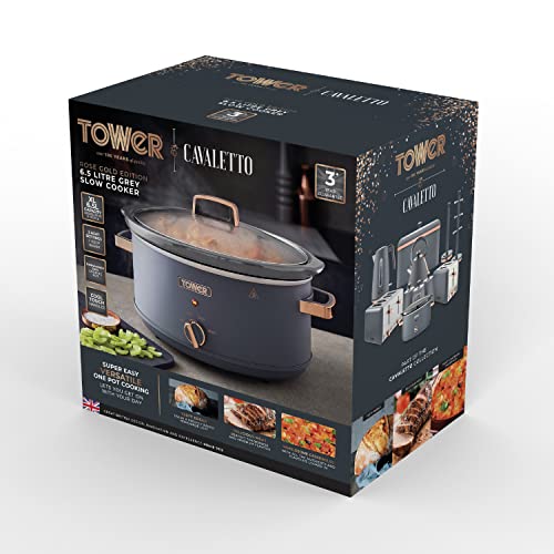 Tower T16043GRY Cavaletto 6.5 Litre Slow Cooker with 3 Heat Settings, Cool Touch Handles, Grey and Rose Gold