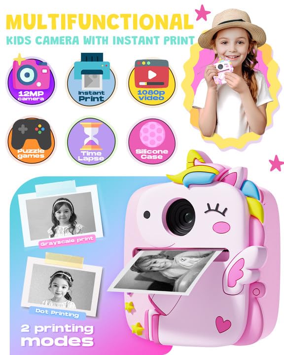 Kids Camera Instant Print for Boys Girls, Christmas Birthday Gifts for 3 4 5 6 7 8 9 Year Old Boys Girls, 1080P Kids Digital Camera Toys for Kids Age 3-9 Pink