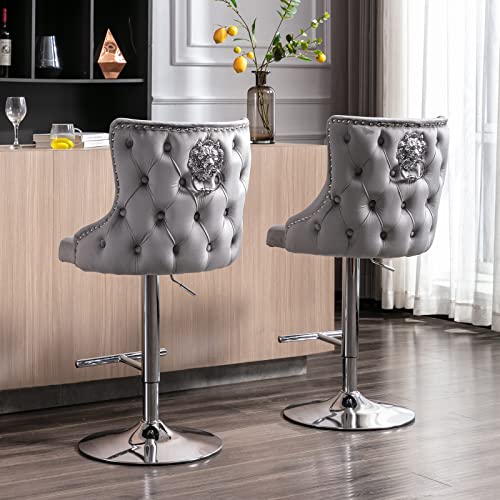 Wahson Velvet Bar Stools Set of 2 Counter Chairs with Backrest Breakfast Bar Stools for Kitchen Island, Swivel Bar Chairs High Stools Height Adjustable, Gray