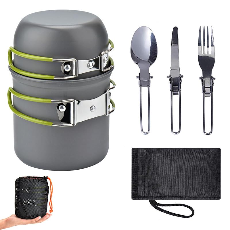 Camping Cookware Mess Kit Backpacking Pot Gear Camping Cooking Pots and Pans Set Camp Kitchen Equipment Accessories Green One Size