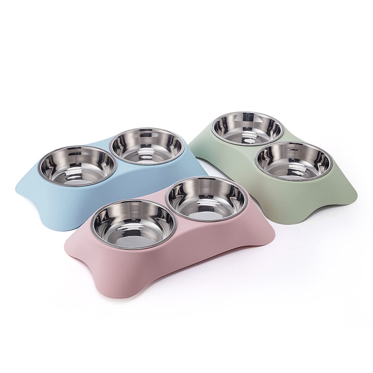 Fuwok Double Dog Bowl,Non Slip Non-spill Stainless Steel Double Bowl with 1 Pet Food Spoop For Small Dogs and Cats (S, Green)