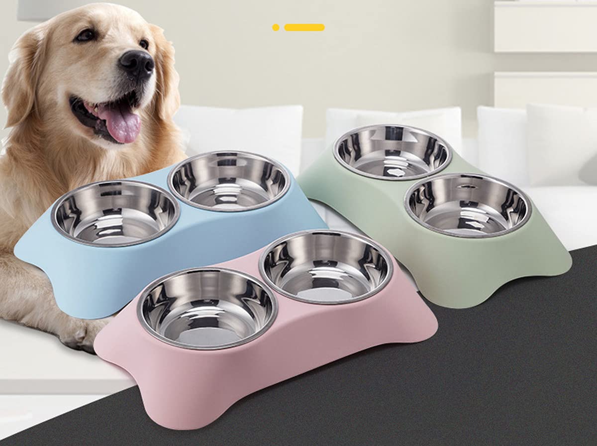 Fuwok Double Dog Bowl,Non Slip Non-spill Stainless Steel Double Bowl with 1 Pet Food Spoop For Small Dogs and Cats (S, Green)