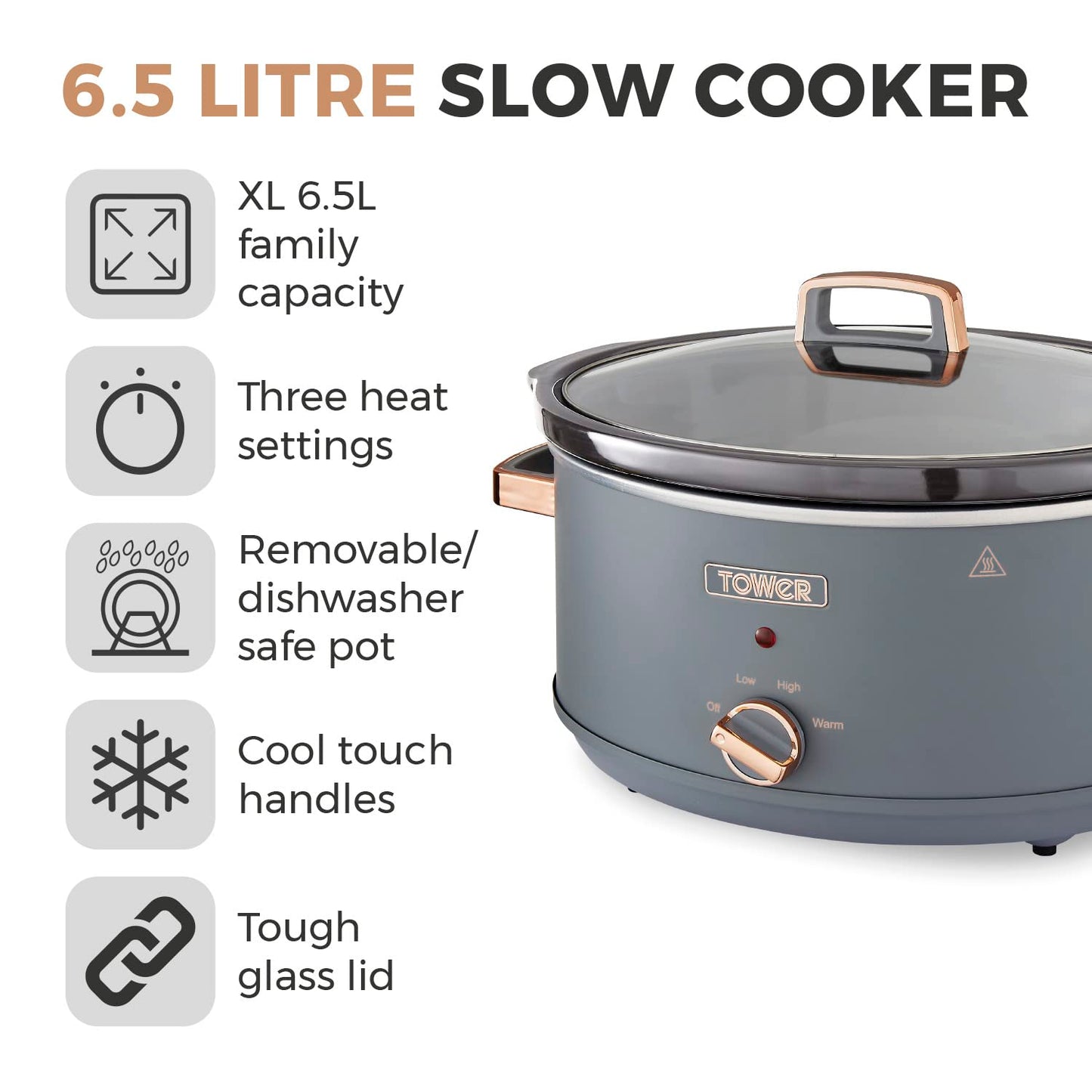 Tower T16043GRY Cavaletto 6.5 Litre Slow Cooker with 3 Heat Settings, Cool Touch Handles, Grey and Rose Gold