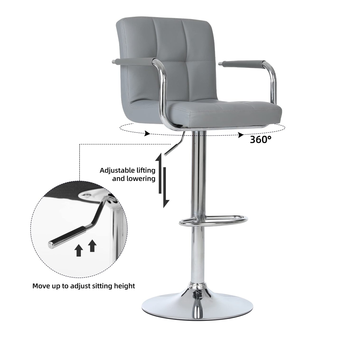 Millhouse Pair of Cuban Bar Stools Set of 2 with Arms Leatherette Exterior, Adjustable Swivel Gas Lift, Chrome Footrest Base for Breakfast Bar DM717 (SilverGrey-)