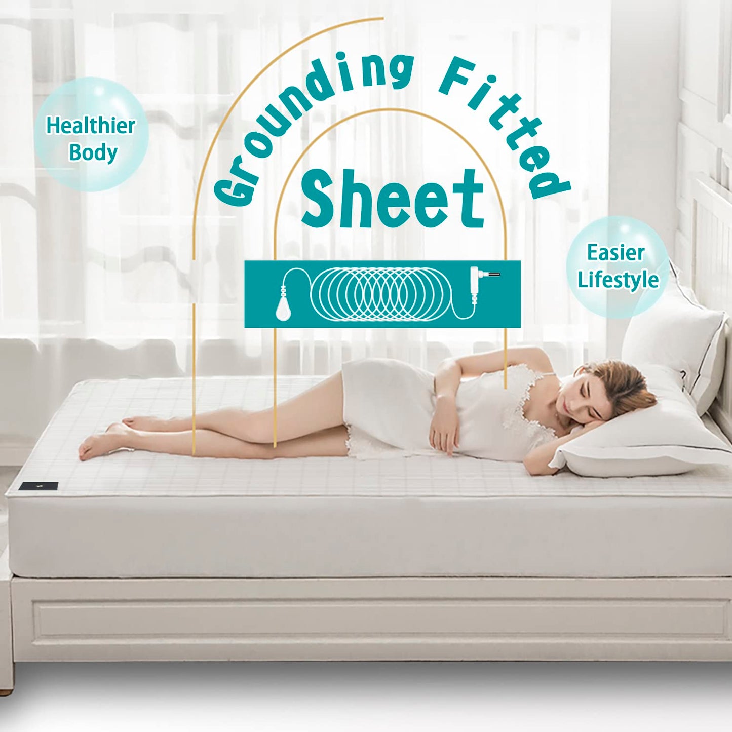 Grounding Fitted Sheet King Size, Grounding Sheet Conductive Sheet with Silver Fiber Therapy for Better Sleep Reduce Stress Pain (Beige, King(60 * 80 * 14 inch))