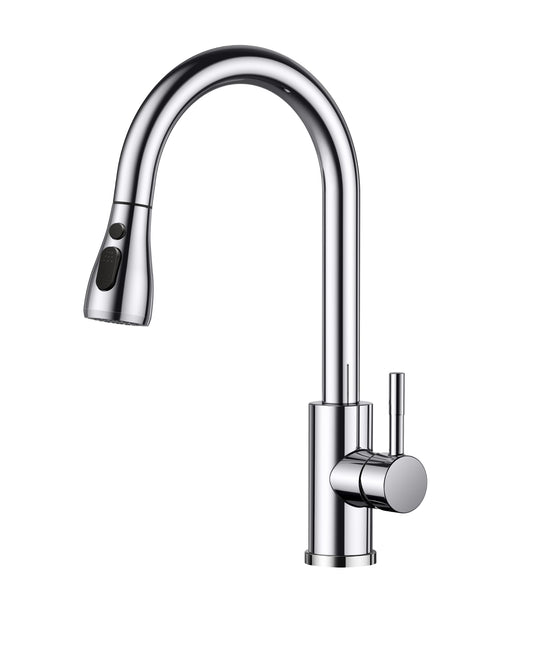 FORIOUS Kitchen Sink Taps Mixer with Pull Out Spray, Swivel Single Handle High Arc Pull Down Stainless Steel Kitchen Faucet, Polished Chrome