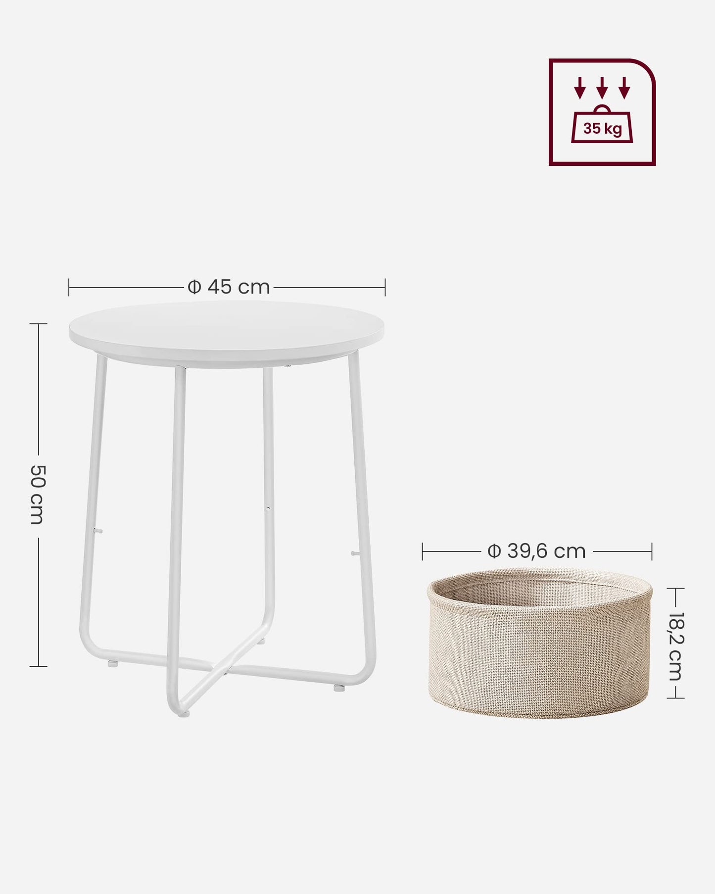 VASAGLE Side Table, Round End Table with Fabric Basket, Spacious, for Living Room Bedroom, Bedside Table, Modern Style, White and Beige LET223W10