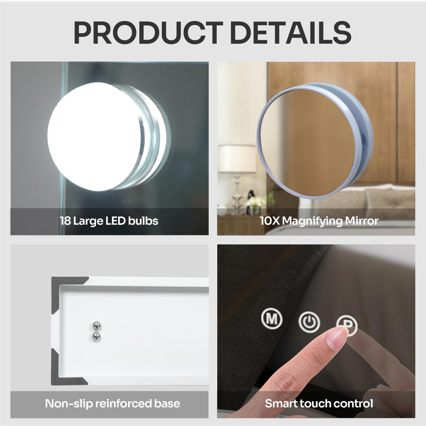 YOURLITE Hollywood Vanity Mirror with Lights, 80×62cm Lighted Makeup Mirror with 18 Dimmable Led Bulbs, 3 Lighting Modes, Touch Screen Control, Tabletop and Wall Mounted for Bedroom