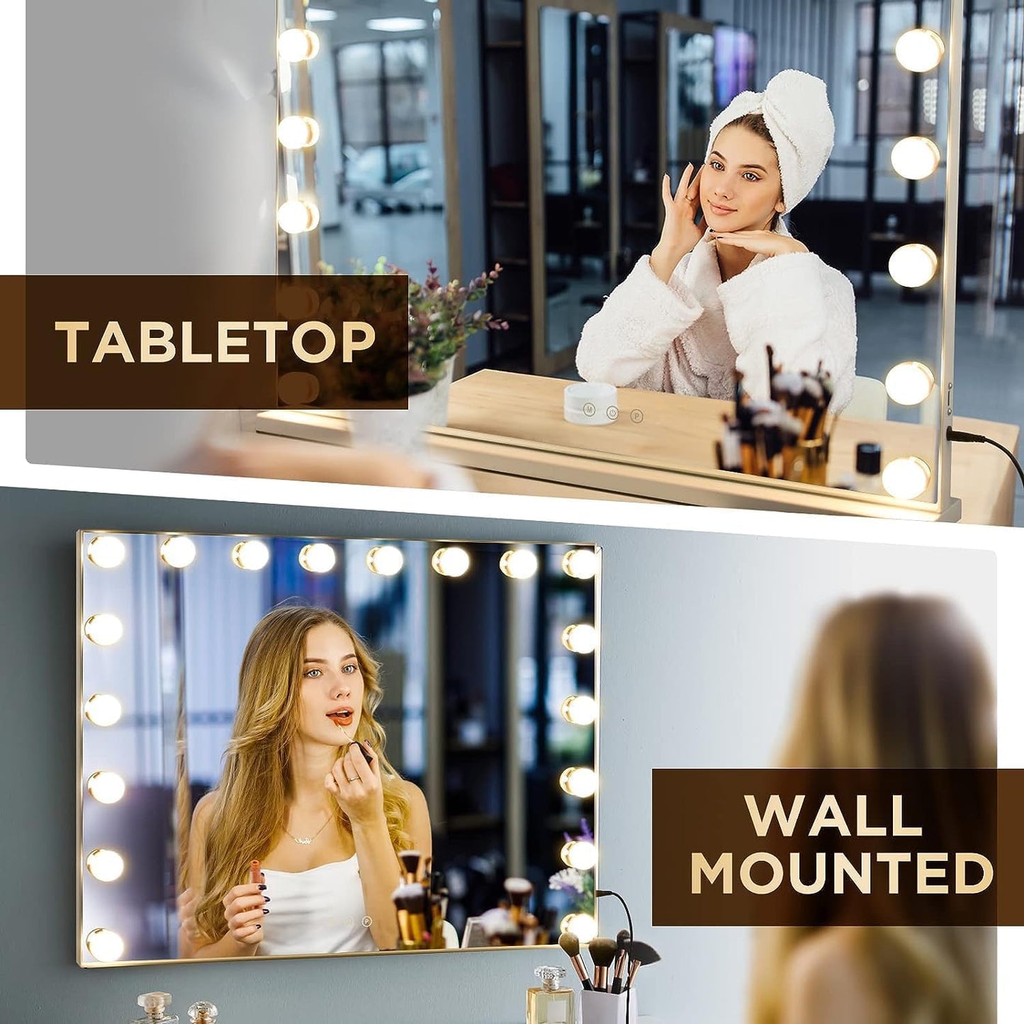 YOURLITE Hollywood Vanity Mirror with Lights, 80×62cm Lighted Makeup Mirror with 18 Dimmable Led Bulbs, 3 Lighting Modes, Touch Screen Control, Tabletop and Wall Mounted for Bedroom