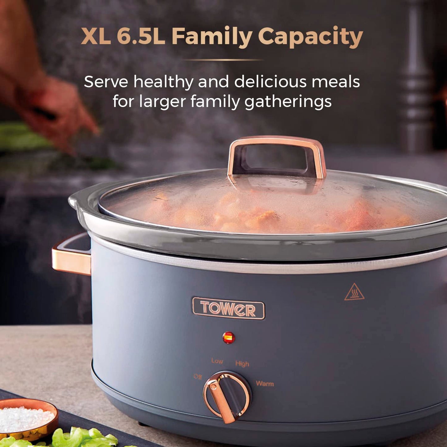 Tower T16043GRY Cavaletto 6.5 Litre Slow Cooker with 3 Heat Settings, Cool Touch Handles, Grey and Rose Gold
