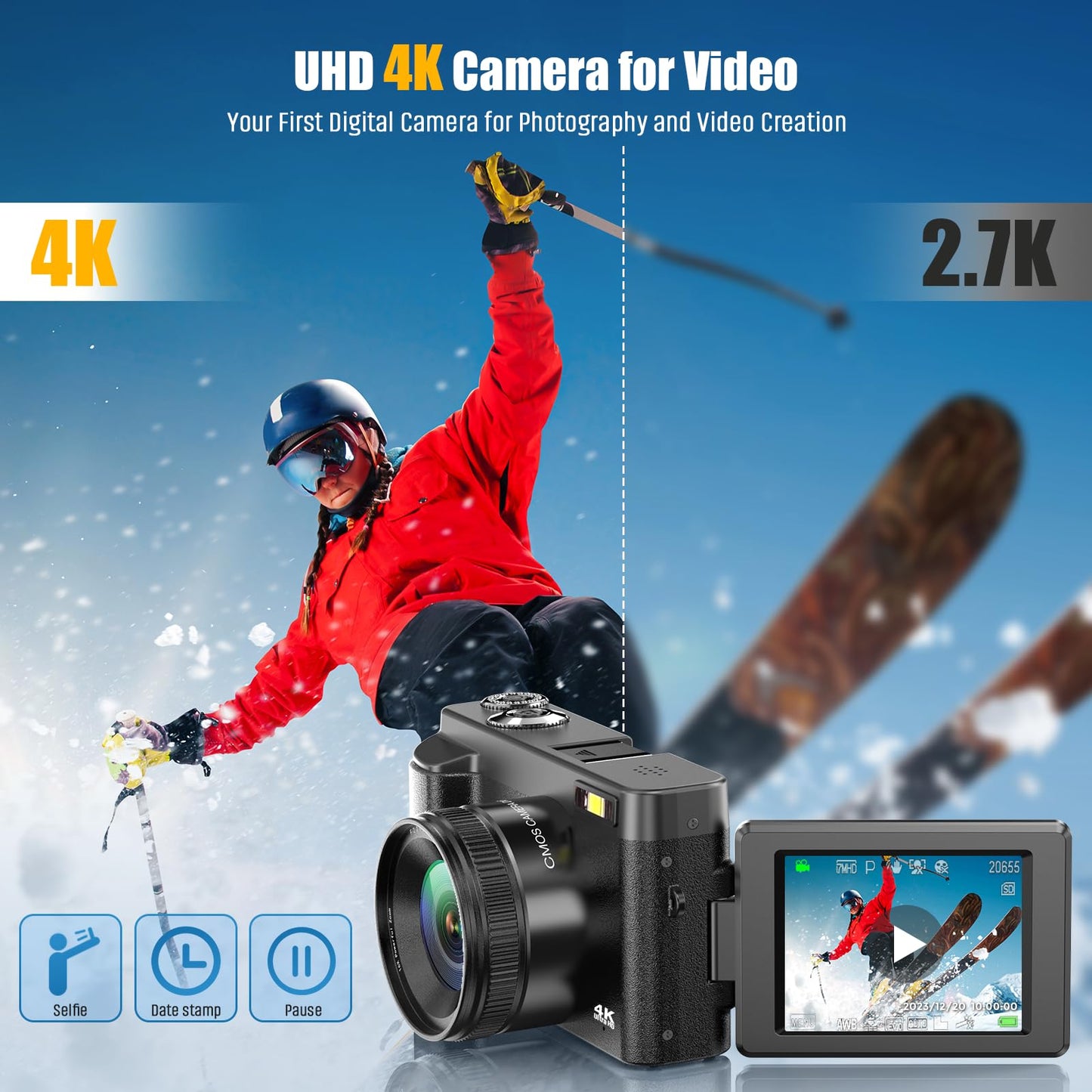 Digital Camera,Oiadek 4K 48MP Autofocus Vlogging Camera with 32G Memory Card 16X Digital Zoom,Compact Digital Camera with 3.0 inch 180° Flip Screen and Battery charger for Teenagers, Beginners,Adults